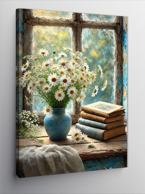 Kanvas Tablo Pencerede Çiçek ve Kitap - Image 1