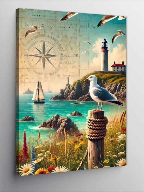 Kanvas Tablo Deniz Feneri ve Yelkenliler - Image 1