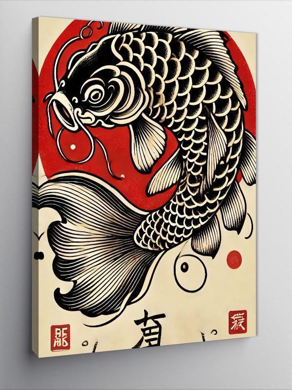 Kanvas Tablo Kırmızı Japon Balığı Ve Dalga Deseni - Image 1