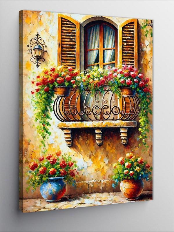 Kanvas Tablo Çiçeklerle Süslenmiş Pencere - Image 1