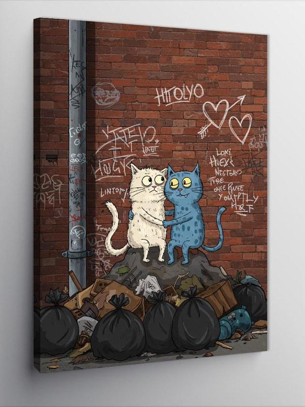 Kanvas Tablo Çöp Kenarında Graffiti Kediler - Image 1
