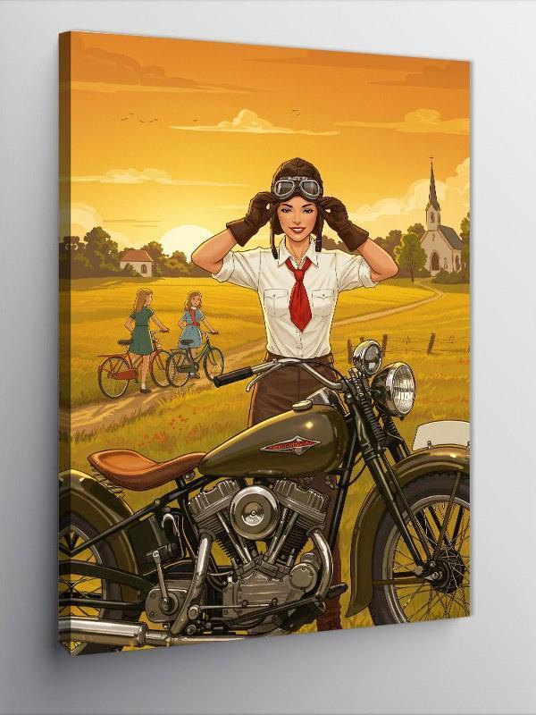 Kanvas Tablo Retro Kadın Ve Motosiklet - Image 1