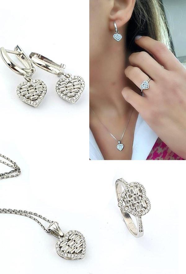 Baget Zirkon Taşlı 925 ayar Gümüş Kalp Set Takım - Image 1