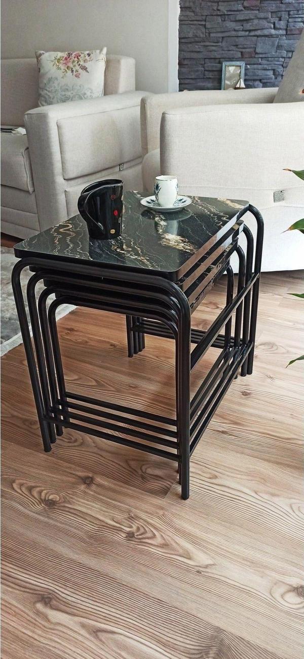 Teknor 3D Parlak Siyah 4'Lü Zigon Sehpa Takım Metal Statik Ayaklı Üreticiden Garantili - Image 1