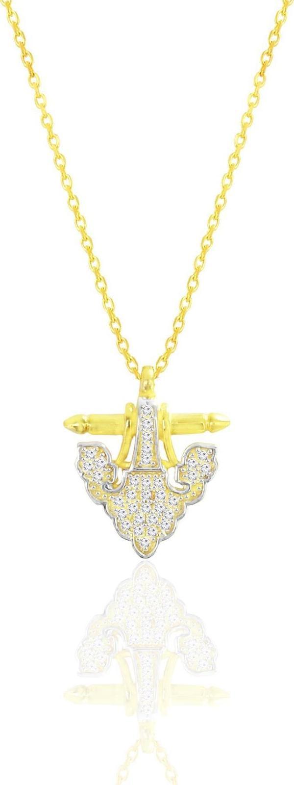 Gümüş altın yaldızlı zirkon taşlı fleur de lis (Zambak) kolye [barcode] - Image 1