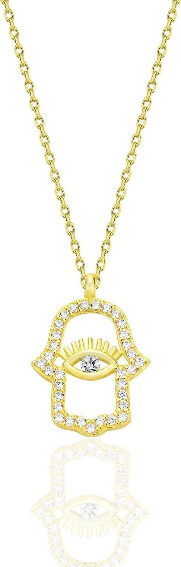 Gümüş altın yaldızlı zirkon taşlı koruyucu hamsa el kolye [barcode] - Image 1