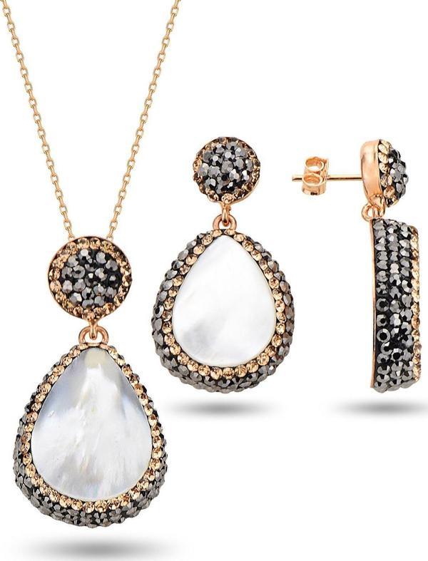 Gümüş rose inci ve zirkon taş ile bezenmiş damla modeli kolye ve küpe ikili set [barcode] - Image 1
