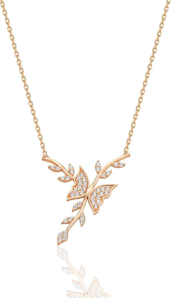 Gümüş rose zirkon taşlı dalda dans eden kelebek kolye [barcode] - Image 1