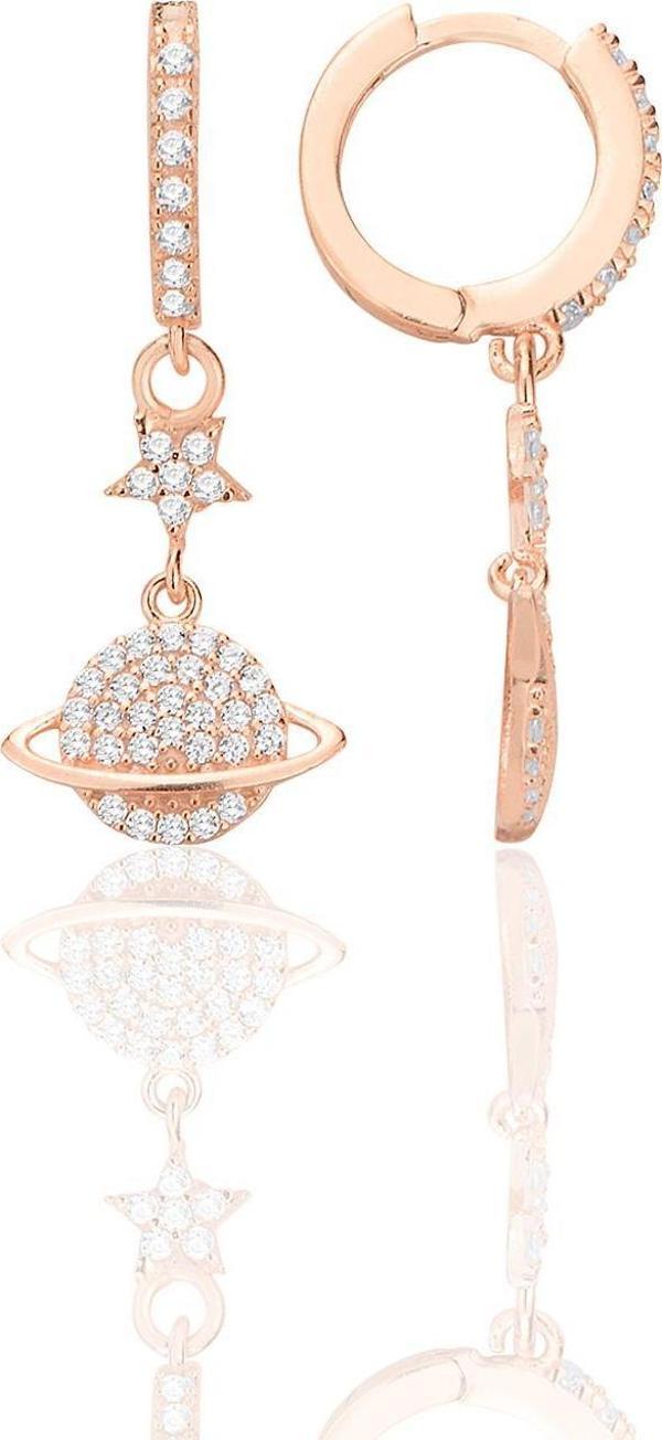 Gümüş rose zirkon taşlı yıldızlı satürn gezegen küpe [barcode] - Image 1