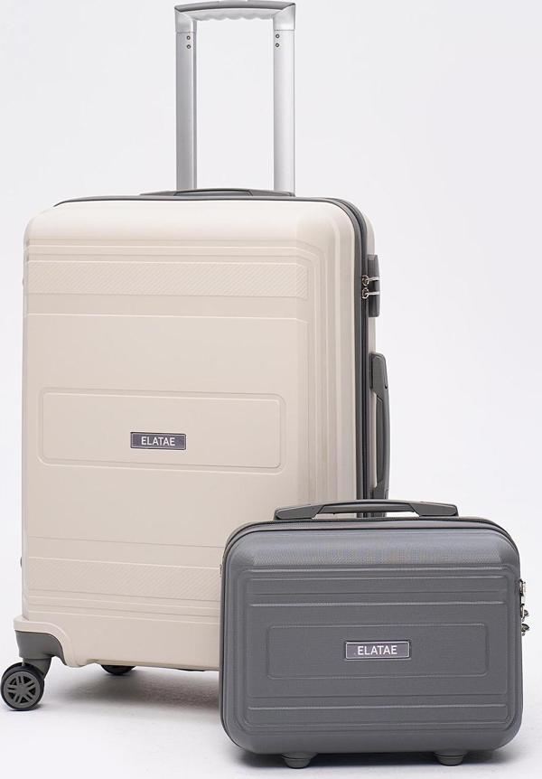 Elatae Premium Polipropilen Kırılmaz 2'li Valiz Seti Orta Boy ve Makyaj 2'li Set Bej - Antrasit V305 - Image 1