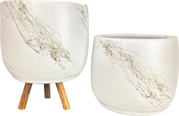 Beyaz Üzeri Gold Mermer efekt Toprak Saksı Saksılık Salon Çiçeklik İkili Set Ayaksız -3 Ayaklı 19 CM - Image 1