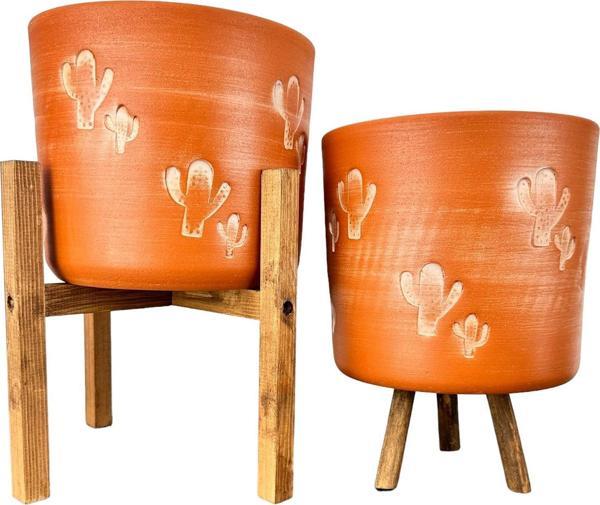 Bitki Tasarımı Kaktüs Desenli Toprak Saksı Saksılık Salon Çiçeklik İkili Set 3 Ayaklı- 4 Ayaklı- 19 CM - Image 1