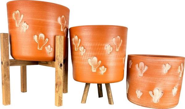 Bitki Tasarımı Kaktüs Desenli Toprak Saksı Saksılık Salon Çiçeklik Üçlü Set - 19 CM - Image 1