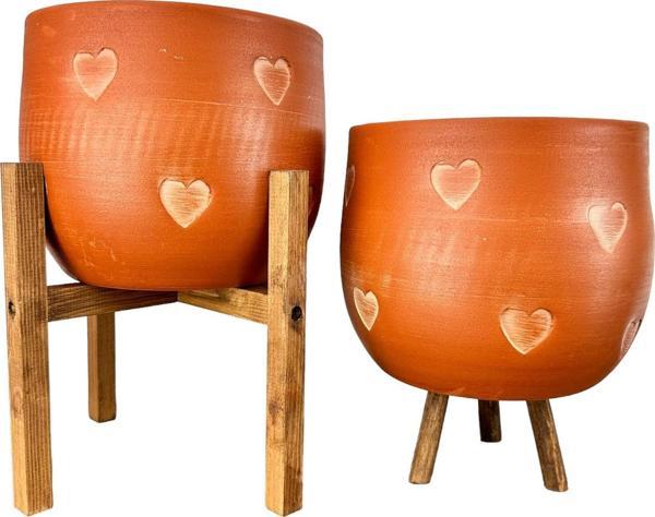 Bitki Tasarımı Kalp Desenli Toprak Saksı Saksılık Salon Çiçeklik İkili Set 3 Ayaklı- 4 Ayaklı- 19 CM - Image 1