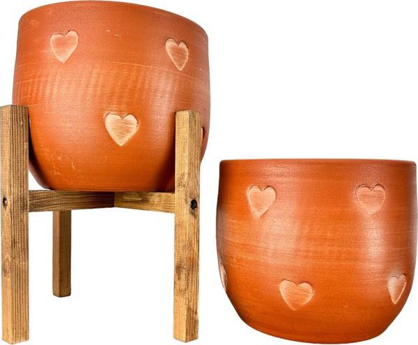Bitki Tasarımı Kalp Desenli Toprak Saksı Saksılık Salon Çiçeklik İkili Set Ayaksız - 4 Ayaklı- 19 CM - Image 1