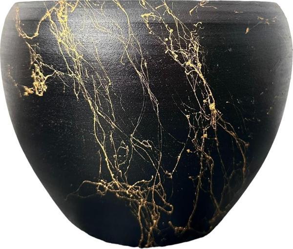 Bitki Tasarımı Siyah Üzeri Gold Mermer Efektli Toprak Saksı Saksılık Salon Çiçeklik - 15 Cm - Image 1