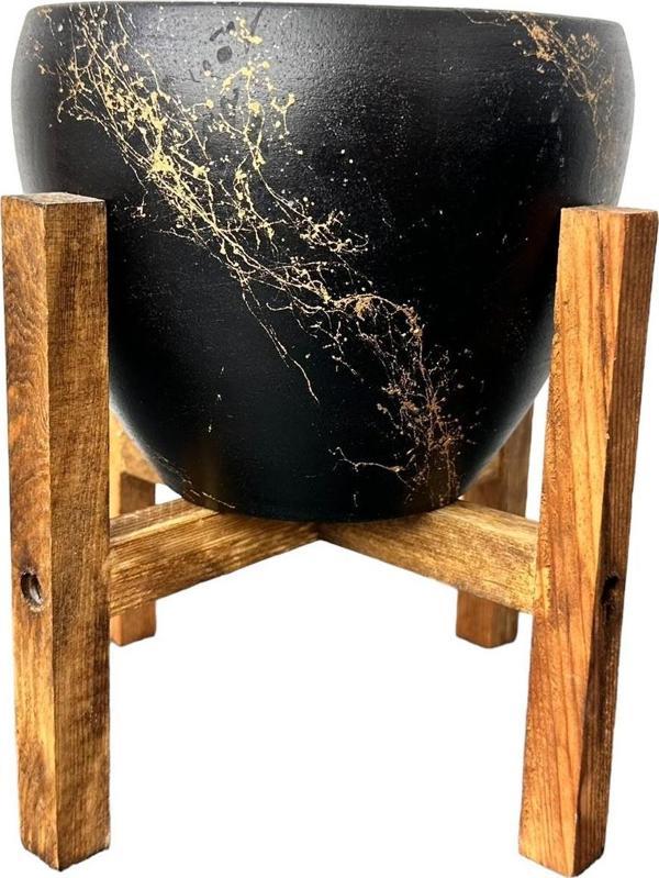Bitki Tasarımı Siyah Üzeri Gold Mermer Efektli Toprak Saksı Saksılık Salon Çiçeklik 4 Ayaklı - 15 Cm - Image 1