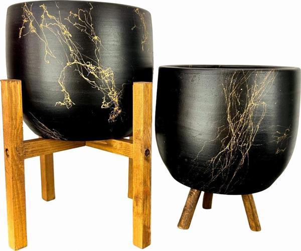 Bitki Tasarımı Siyah Üzeri Gold Mermer Efektli Toprak Saksı Saksılık Salon Çiçeklik İkili Set 3 Ayaklı- 4 Ayaklı- 19 CM - Image 1