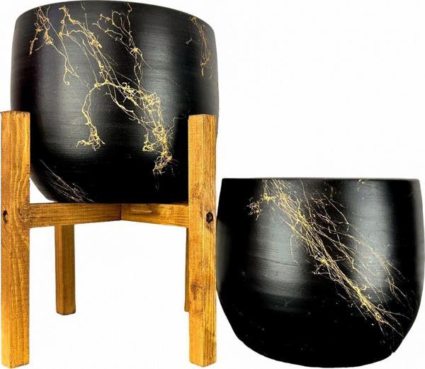Bitki Tasarımı Siyah Üzeri Gold Mermer Efektli Toprak Saksı Saksılık Salon Çiçeklik İkili Set Ayaksız - 4 Ayaklı- 19 CM - Image 1