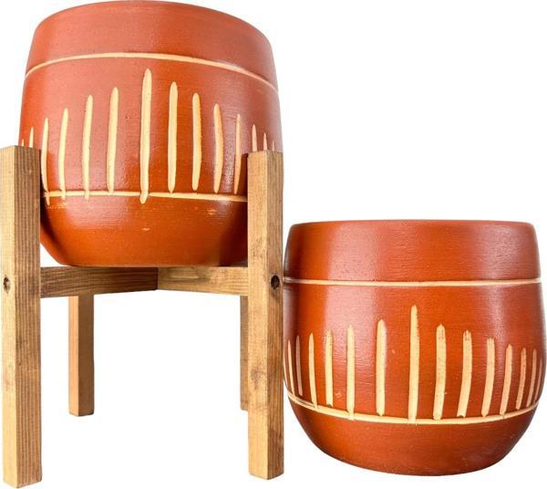 Bitki Tasarımı  Dik Çizgi Desenli Toprak Saksı Saksılık Salon Çiçeklik İkili Set Ayaksız - 4 Ayaklı- 19 CM - Image 1