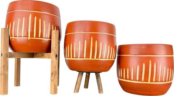 Bitki Tasarımı  Dik Çizgi Desenli Toprak Saksı Saksılık Salon Çiçeklik Üçlü Set - 19 CM - Image 1