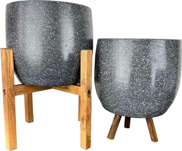 Bitki Tasarımı  Gri Granit Toprak Saksı Saksılık Salon Çiçeklik İkili Set 3 Ayaklı- 4 Ayaklı- 19 CM - Image 1