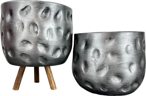 Bitki Tasarımı  Gümüş Desenli Toprak Saksı Saksılık Salon Çiçeklik İkili Set Ayaksız - 3 Ayaklı- 19 CM - Image 1