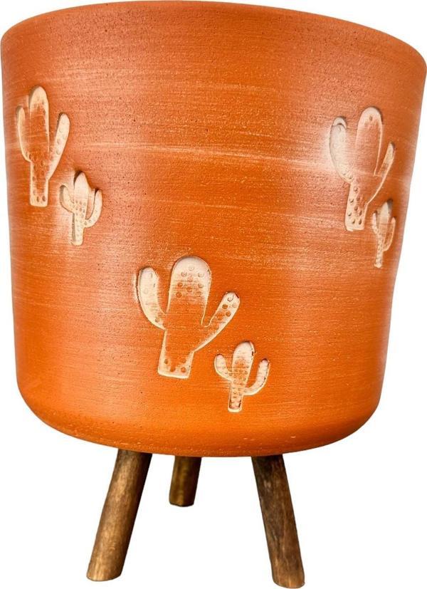 Bitki Tasarımı  Kaktüs Desenli Toprak Saksı Saksılık Salon Çiçeklik 3 Ayaklı - 19 CM   - Image 1