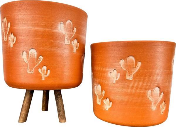 Bitki Tasarımı  Kaktüs Desenli Toprak Saksı Saksılık Salon Çiçeklik İkili Set Ayaksız - 3 Ayaklı- 19 CM - Image 1