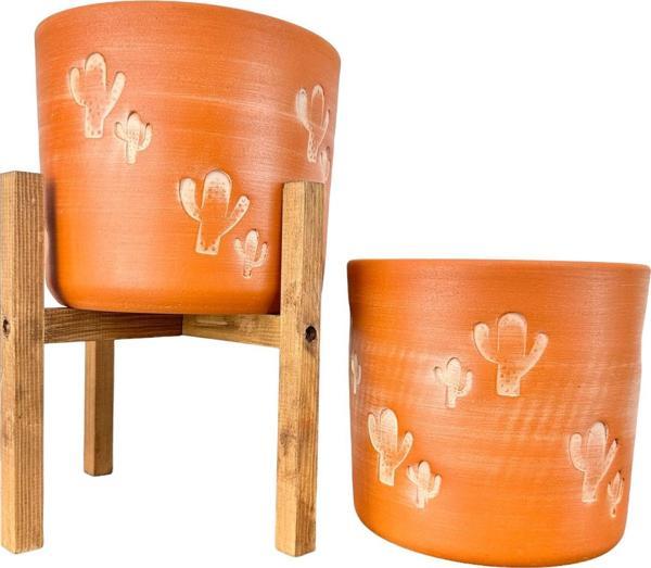 Bitki Tasarımı  Kaktüs Desenli Toprak Saksı Saksılık Salon Çiçeklik İkili Set Ayaksız - 4 Ayaklı- 19 CM - Image 1