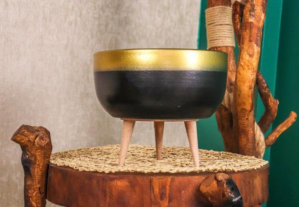 Bitki Tasarımı Ev Dekorasyon Gold Şeritli Siyah Aranjmanlık Sunumluk Bonzai Terracota Toprak Saksı 3 Ayaklı - Image 1