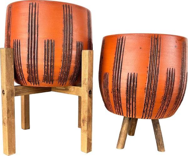 Bitki Tasarımı  Siyah Çizgi Desenli Toprak Saksı Saksılık Salon Çiçeklik İkili Set 3 Ayaklı- 4 Ayaklı- 19 CM - Image 1