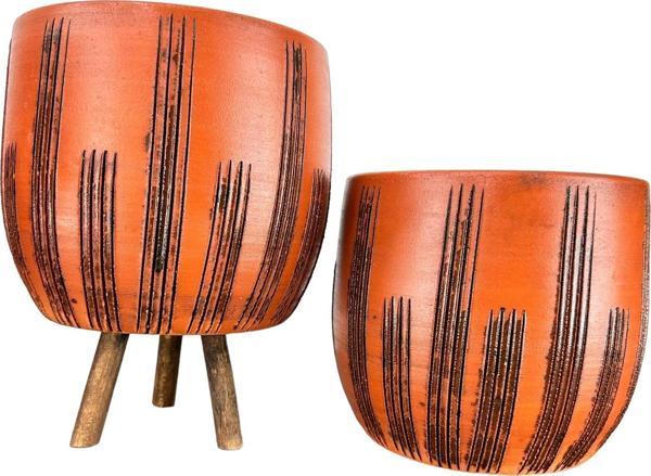 Bitki Tasarımı  Siyah Çizgi Desenli Toprak Saksı Saksılık Salon Çiçeklik İkili Set Ayaksız - 3 Ayaklı- 19 CM - Image 1