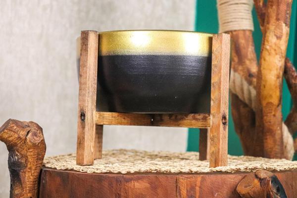 Bitki Tasarımı Ev Dekorasyon Gold Şeritli Siyah Aranjmanlık Sunumluk Bonzai Terracota Toprak Saksı 4 Ayaklı - Image 1