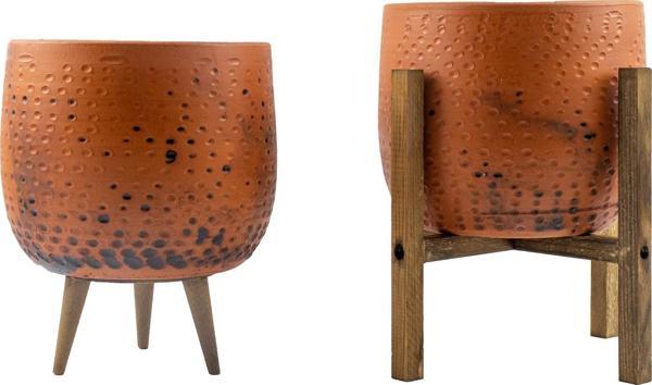 Bitki Tasarımı  Siyah Nokta Desenli Toprak Saksı Saksılık Salon Çiçeklik İkili Set 3 Ayaklı- 4 Ayaklı- 19 CM - Image 1
