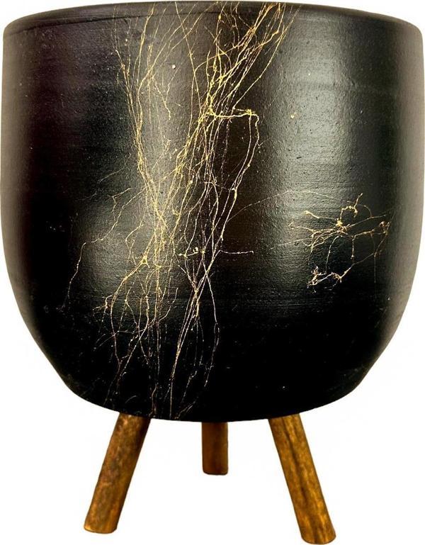 Bitki Tasarımı  Siyah Üzeri Gold Mermer Efektli Toprak Saksı Saksılık Salon Çiçeklik 3 Ayaklı - 19 CM - Image 1