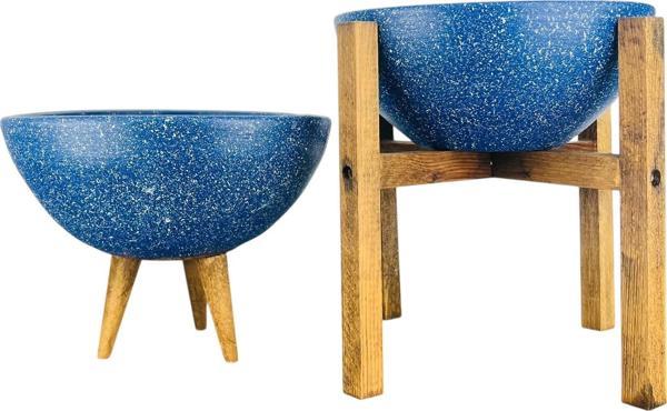 Bitki Tasarımı Ev Dekorasyon Lacivert Granit Aranjman Sunumluk Toprak Saksı 3-4 Ayaklı İkili Set 20 Cm Çap - Image 1
