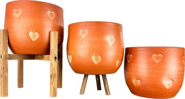 Bitki Tasarımı Aksesuar Kalp Desenli Toprak Saksı Saksılık Salon Çiçeklik Üçlü Set - 19 CM - Image 1