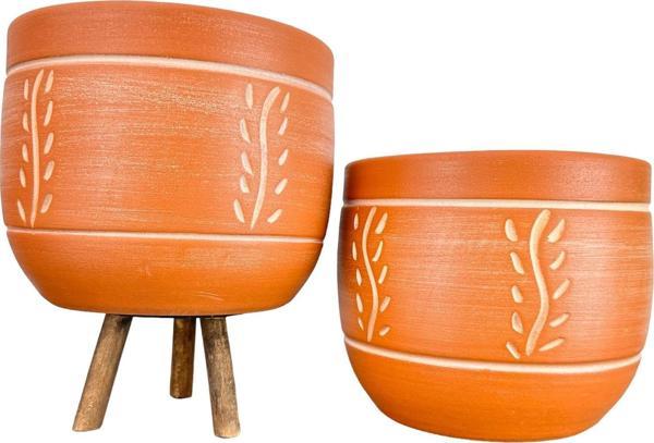 Bitki Tasarımı Ev Dekorasyon Nakış Desenli Toprak Saksı Saksılık Salon Çiçeklik İkili Set Ayaksız - 3 Ayaklı- 19 CM - Image 1