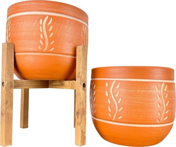 Bitki Tasarımı Ev Dekorasyon Nakış Desenli Toprak Saksı Saksılık Salon Çiçeklik İkili Set Ayaksız - 4 Ayaklı- 19 CM - Image 1