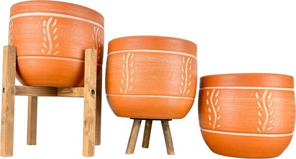 Bitki Tasarımı Ev Dekorasyon Nakış Desenli Toprak Saksı Saksılık Salon Çiçeklik Üçlü Set - 19 CM - Image 1