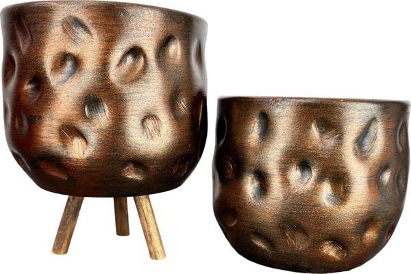 Bitki Tasarımı Bakır Desenli Toprak Saksı Saksılık Salon Çiçeklik İkili Set Ayaksız - 3 Ayaklı- 19 CM - Image 1
