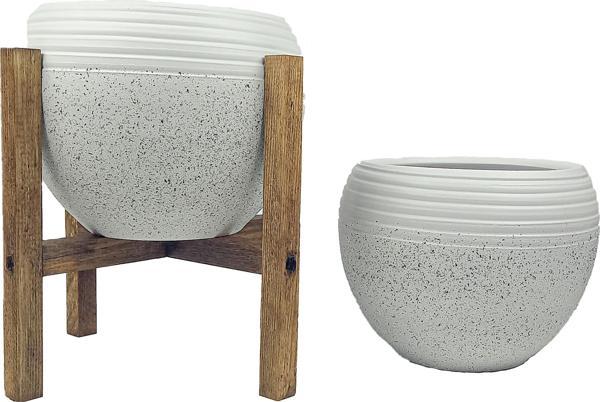 Bitki Tasarımı Beyaz Granit Küp Saksı Saksılık Salon Çiçeklik İkili Set (4 Ayaklı-Ayaksız) - Image 1