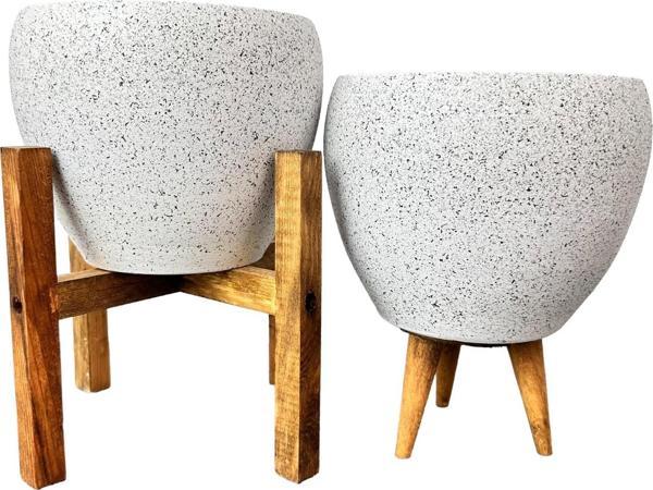 Bitki Tasarımı Beyaz Granit Toprak Saksı Saksılık Salon Çiçeklik İkili Set 3 Ayaklı- 4 Ayaklı- 15 CM - Image 1