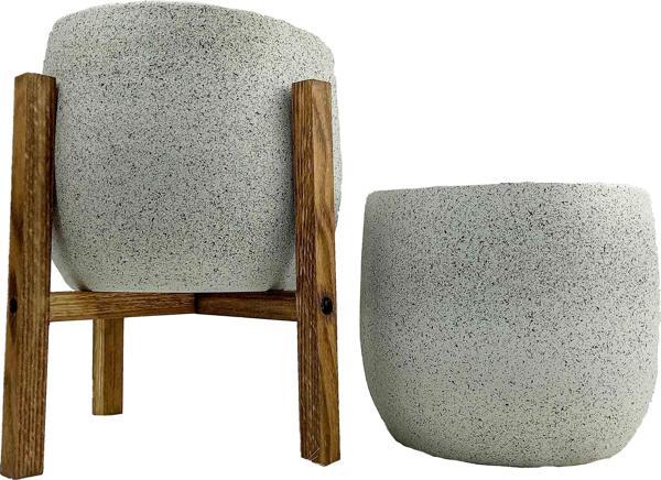 Bitki Tasarımı Beyaz Granit Toprak Saksı Saksılık Salon Çiçeklik İkili Set Ayaksız - 4 Ayaklı- 19 CM - Image 1