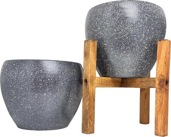 Bitki Tasarımı Gri Granit Toprak Saksı Saksılık Salon Çiçeklik İkili Set Ayaksız - 4 Ayaklı- 15 CM - Image 1