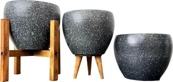 Bitki Tasarımı Gri Granit Toprak Saksı Saksılık Salon Çiçeklik Üçlü Set - 15 CM - Image 1