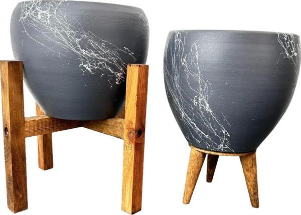 Bitki Tasarımı Gri Üzeri Beyaz Mermer Efektli Toprak Saksı Saksılık Salon Çiçeklik İkili Set 3 Ayaklı- 4 Ayaklı- 15 Cm - Image 1