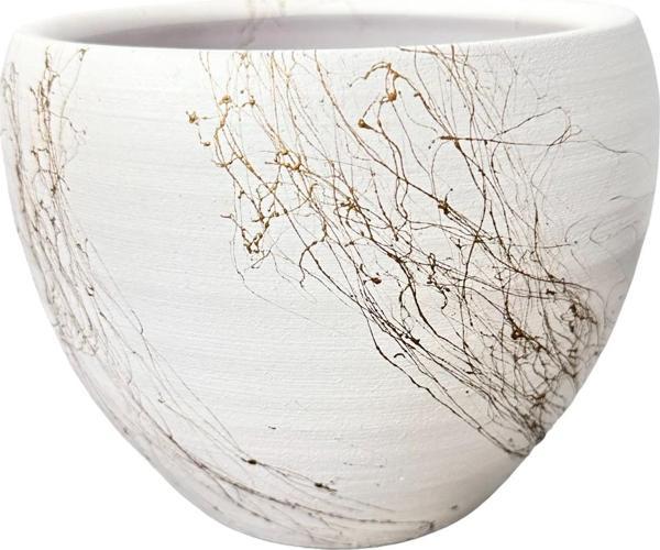 Bitki Tasarımı Beyaz Üzeri Gold Mermer Efektli Toprak Saksı Saksılık Salon Çiçeklik - 15 Cm - Image 1