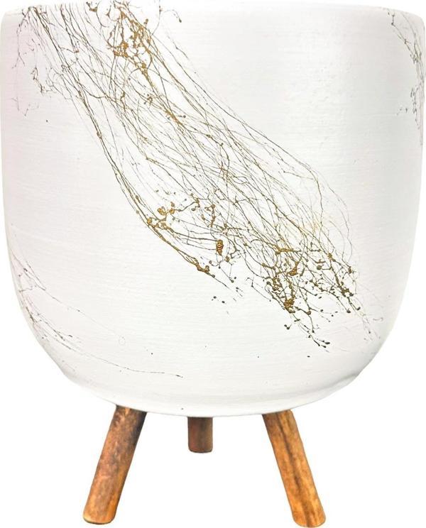 Bitki Tasarımı Beyaz Üzeri Gold Mermer Efektli Toprak Saksı Saksılık Salon Çiçeklik 3 Ayaklı - 19 CM - Image 1